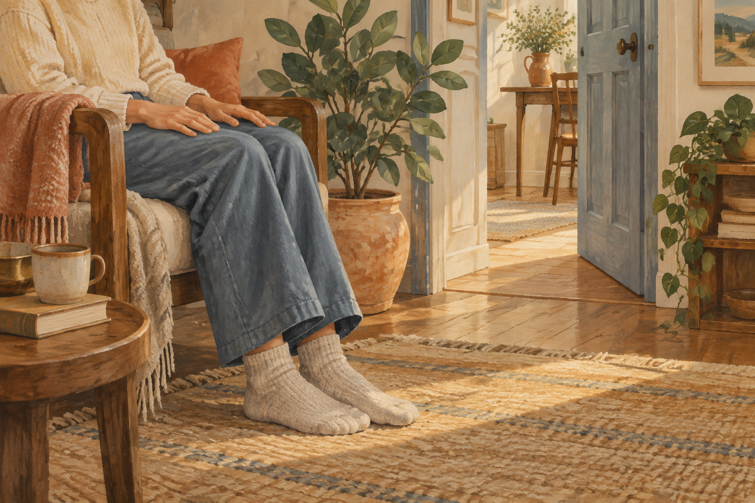 Feet on the floor and hands resting on thighs during a grounding pause.