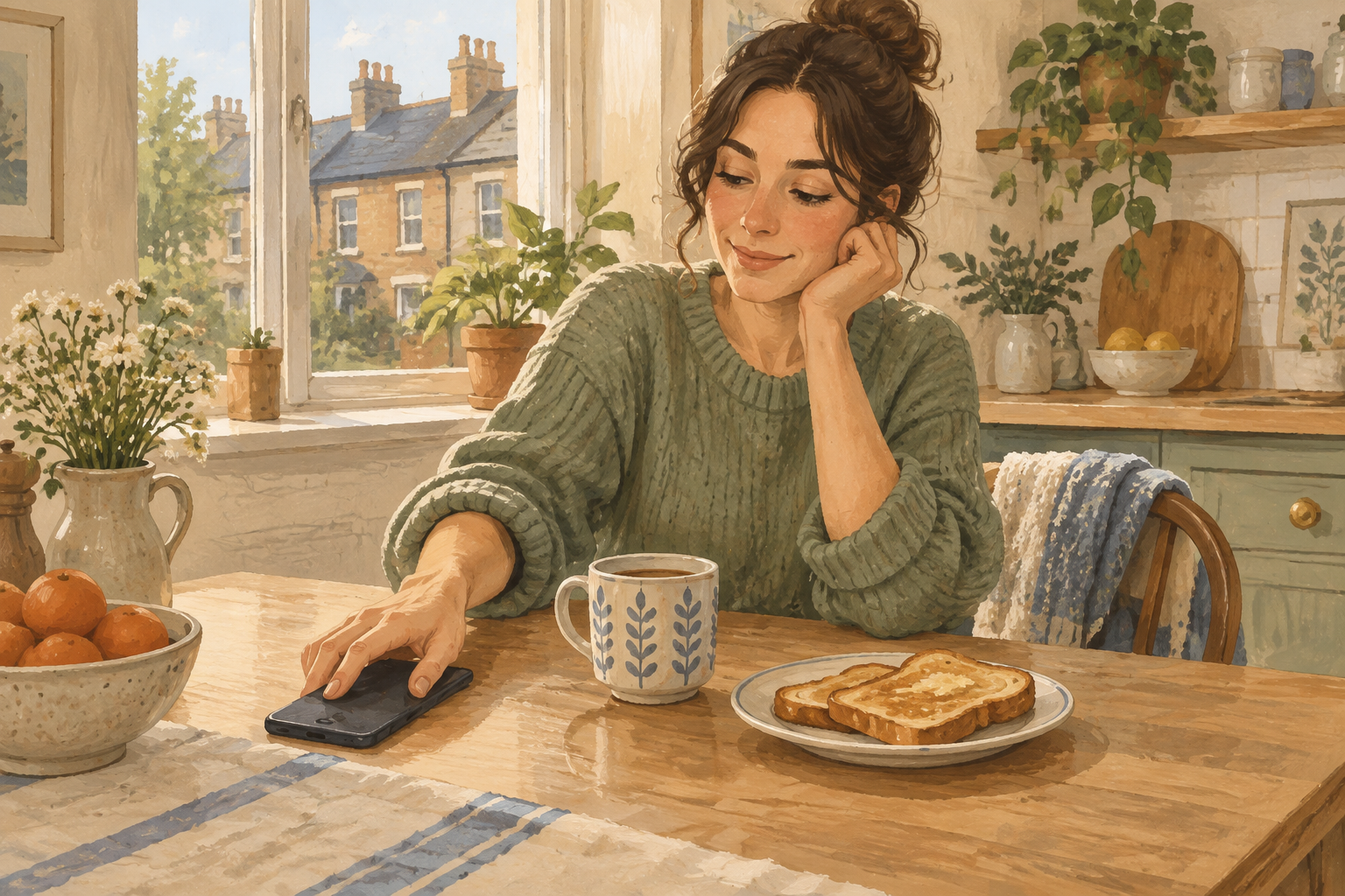 A person sets their phone face down beside breakfast at a kitchen table.