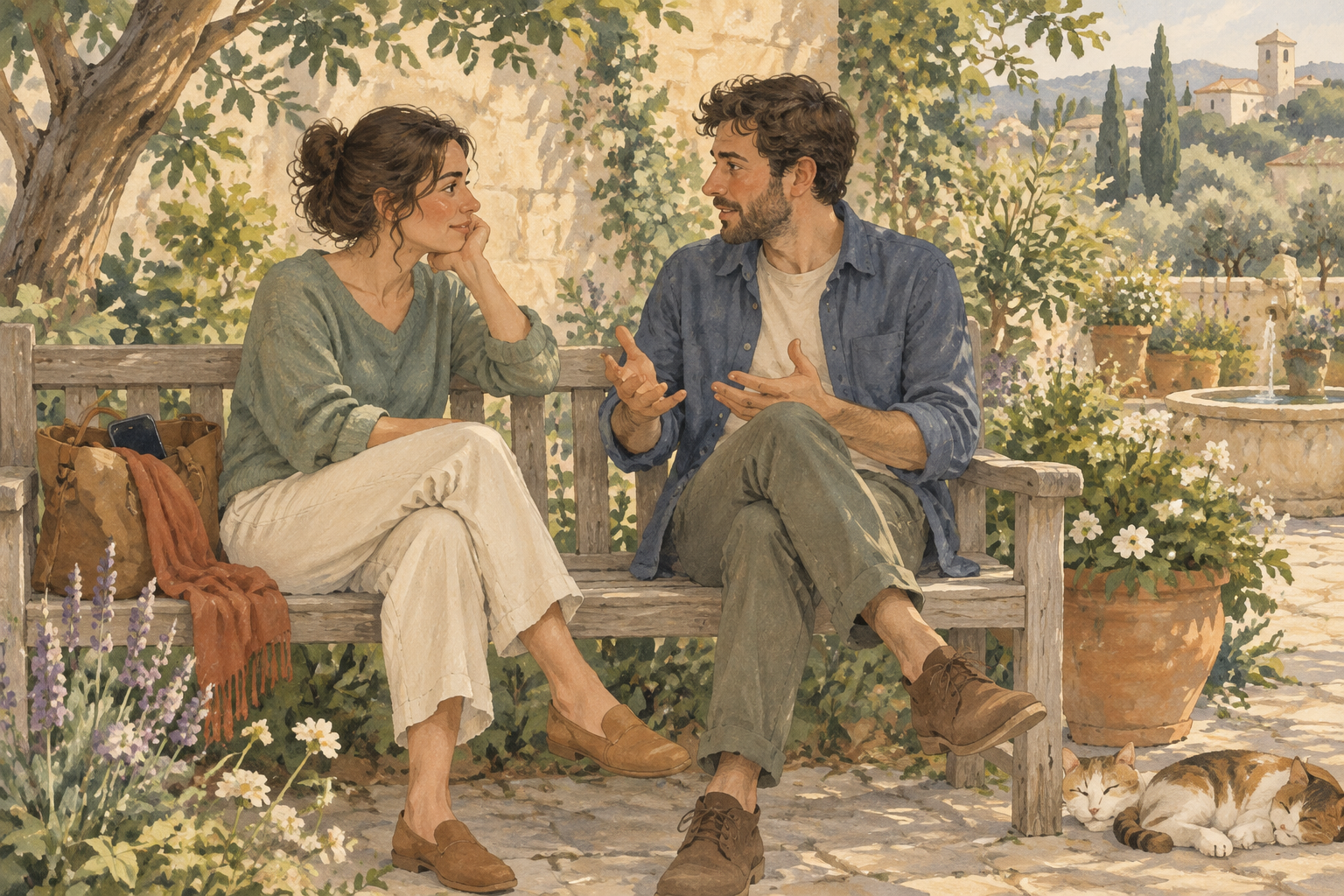 Two people talking on a bench with their phones put away.