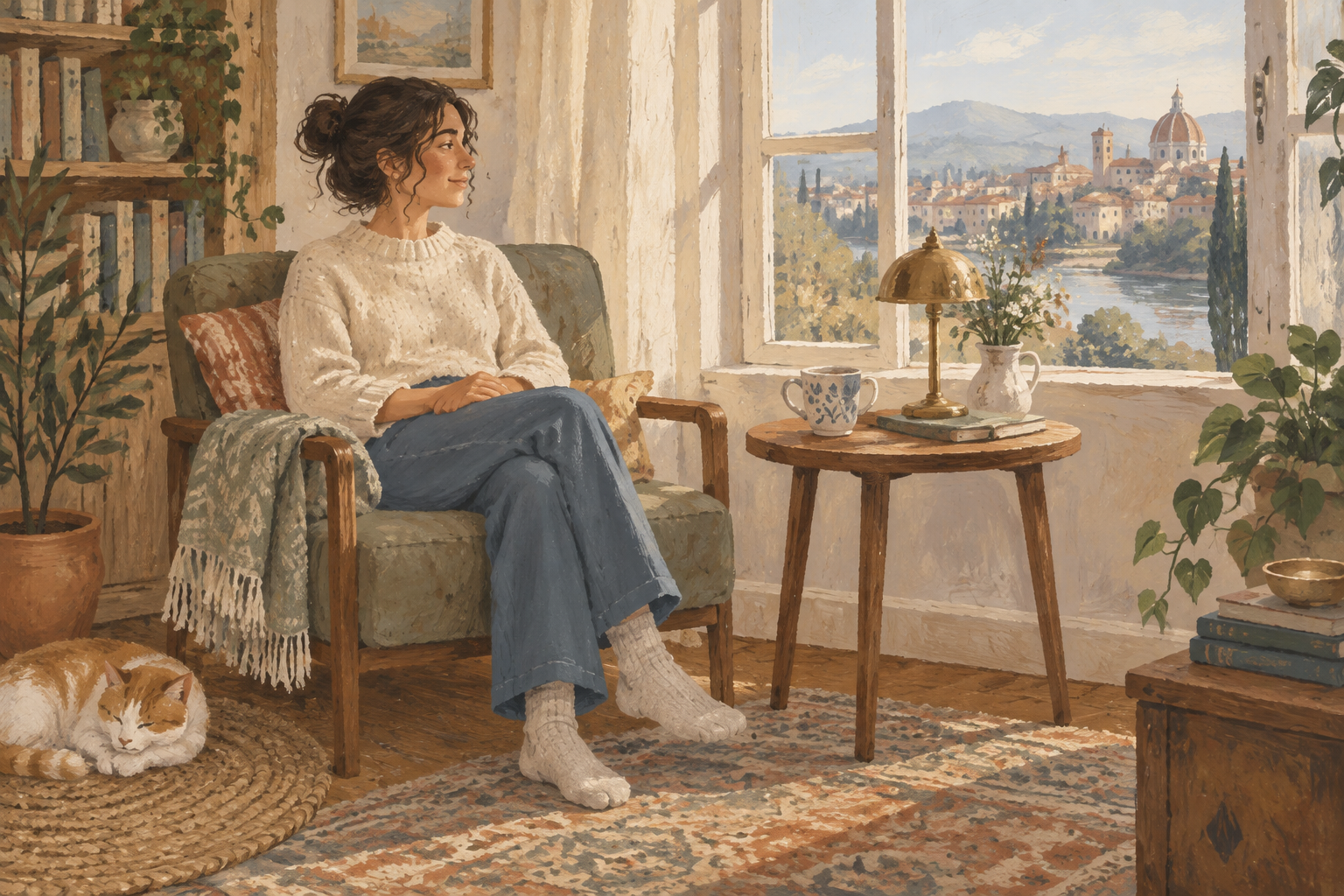 A person sitting beside a window with their feet resting on the floor.