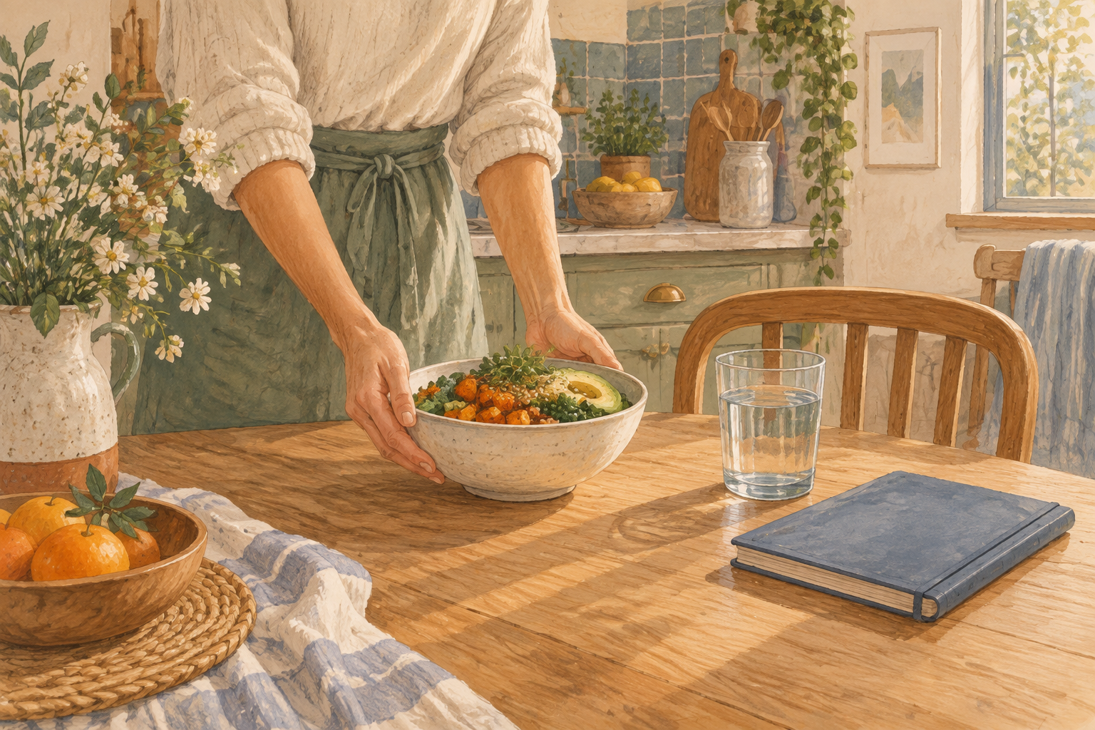 A person setting out a meal as they return to an everyday activity.