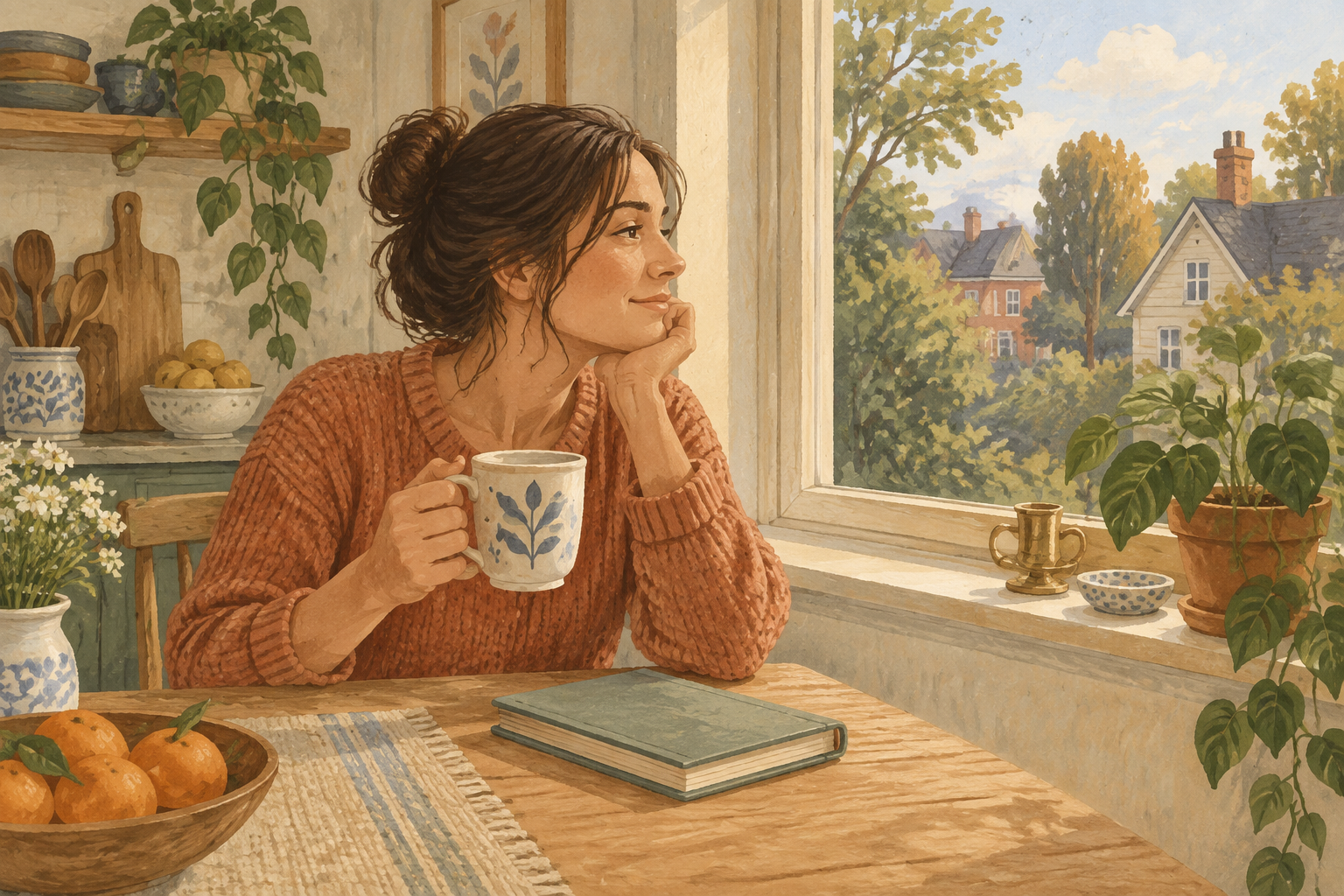 A person sitting by a kitchen window with a mug and notebook.