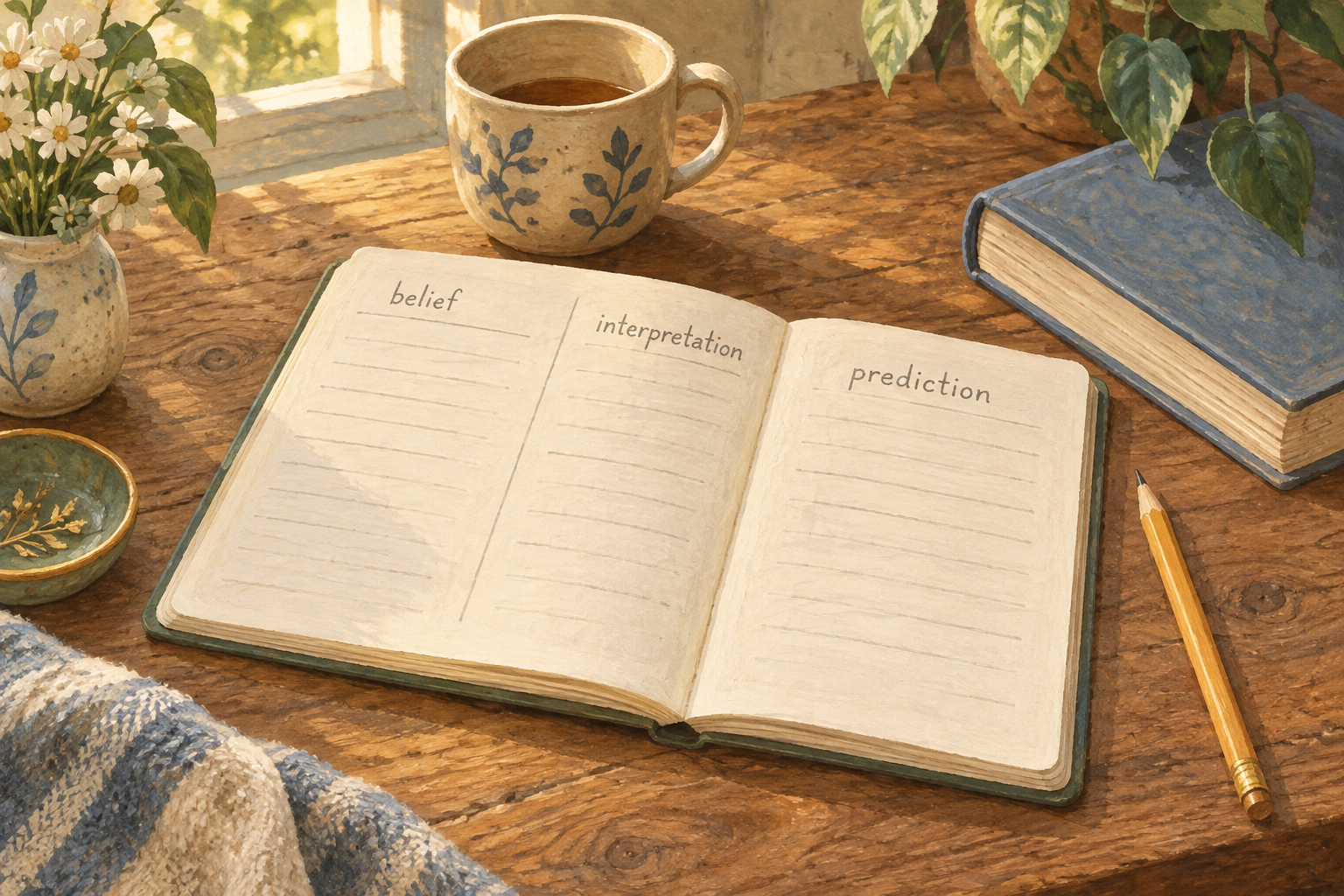 A notebook separating belief, interpretation and prediction.
