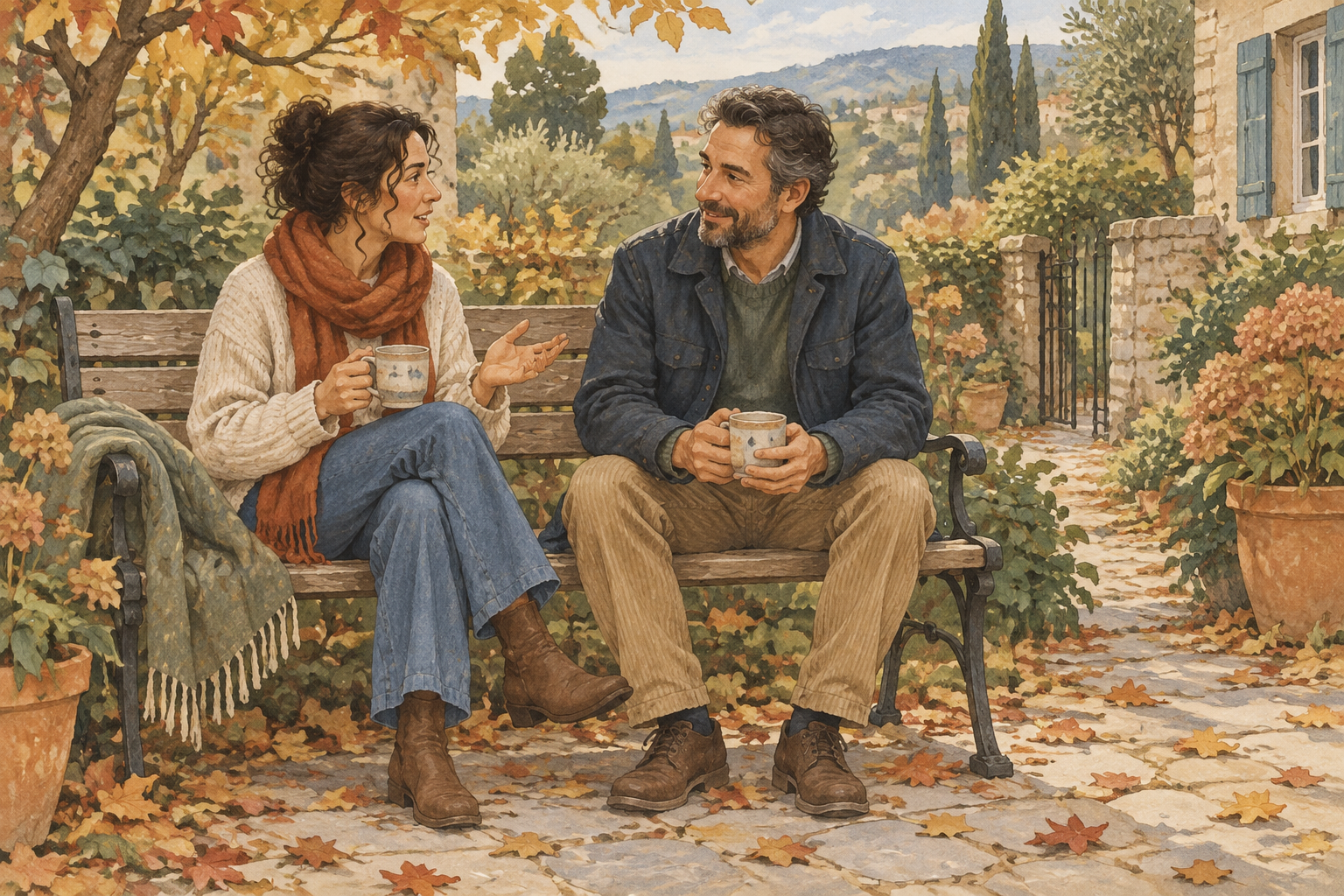 Two people making space for a conversation on a garden bench.