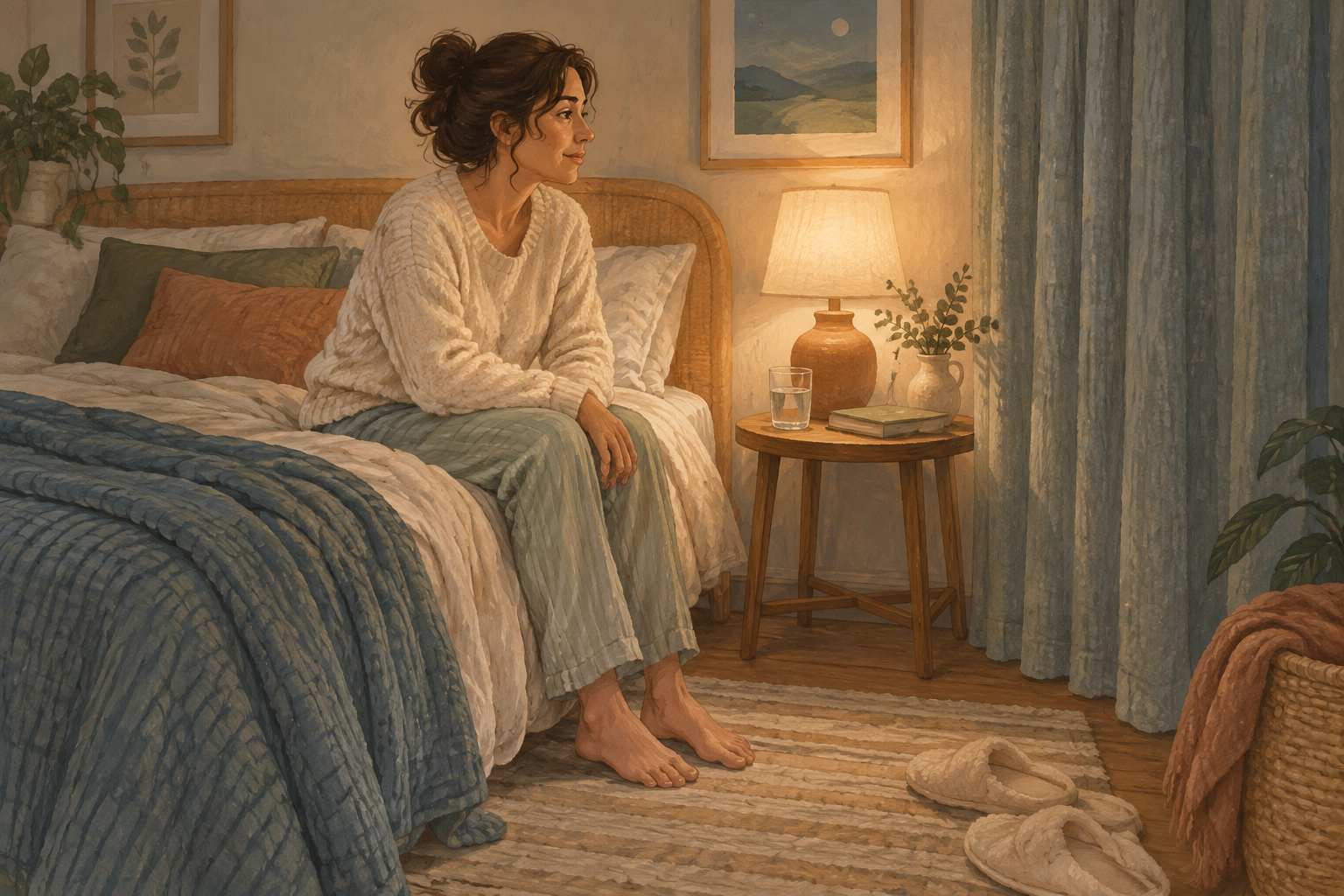 An adult sitting beside a lit bedside lamp after waking in the night.