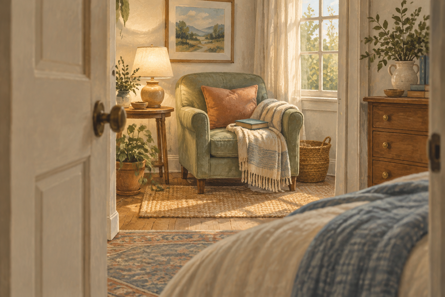 A chair and blanket in a quiet space near a bedroom.