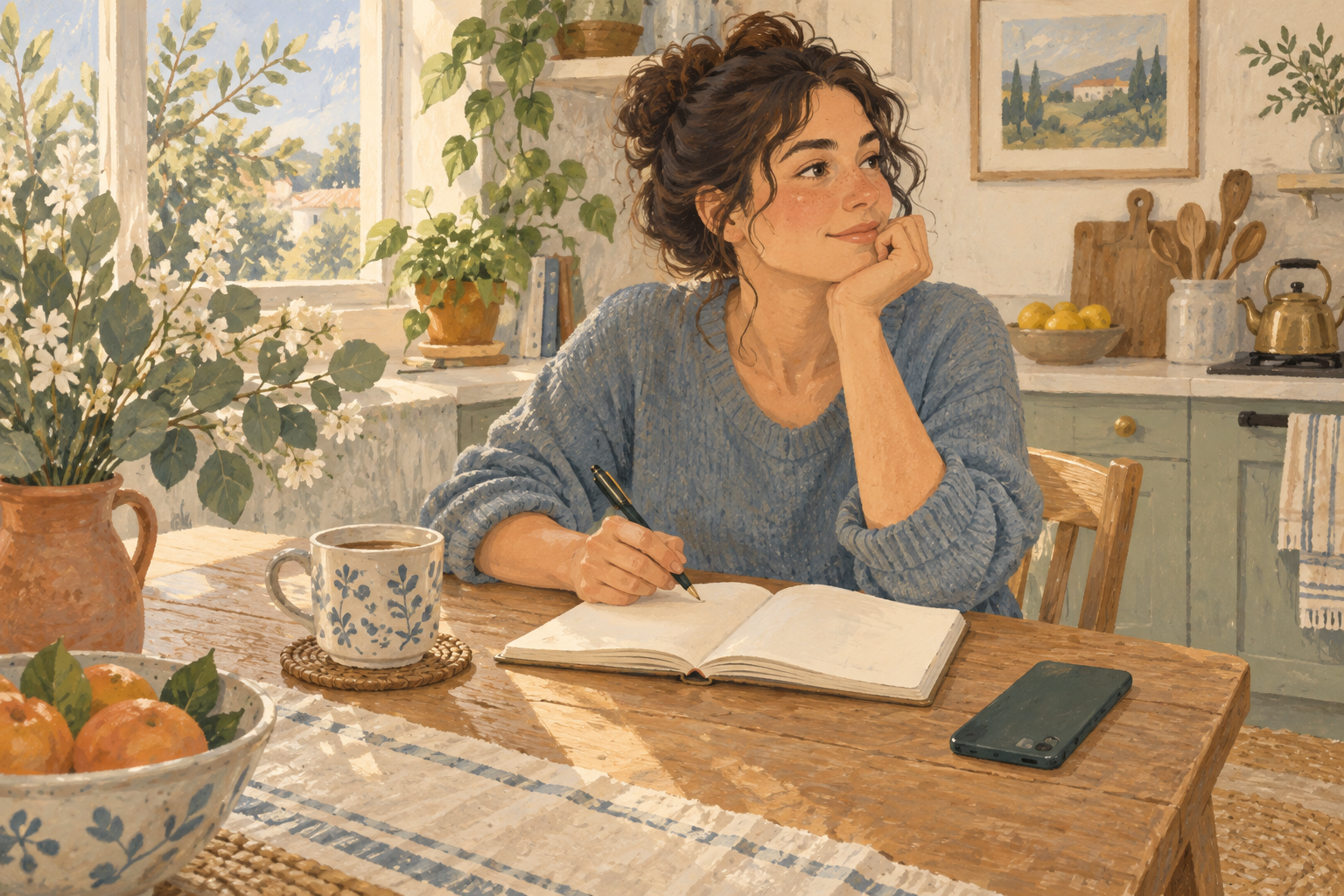 A person making a brief daytime note in a notebook.
