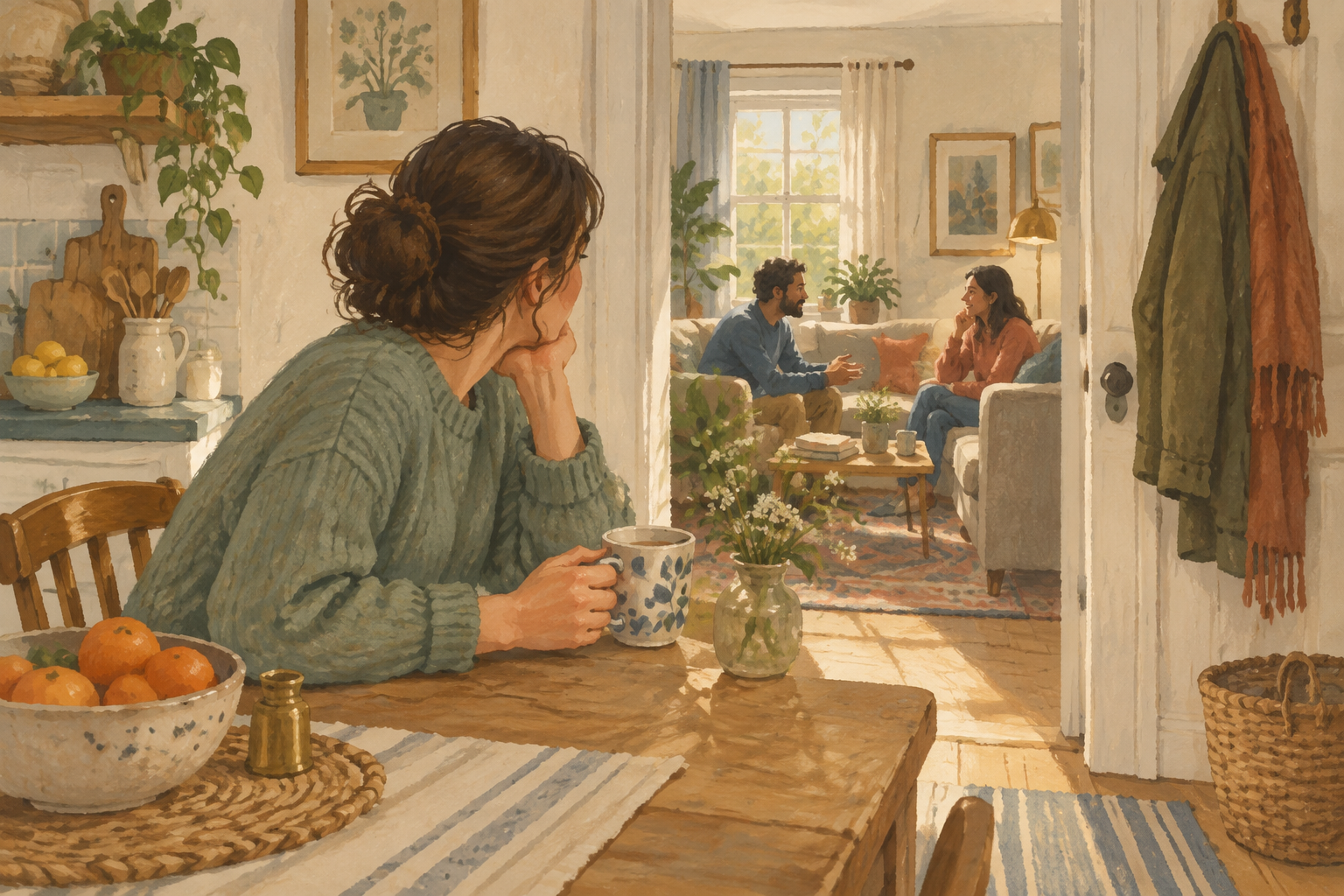 A person sitting separately while others talk in the next room.