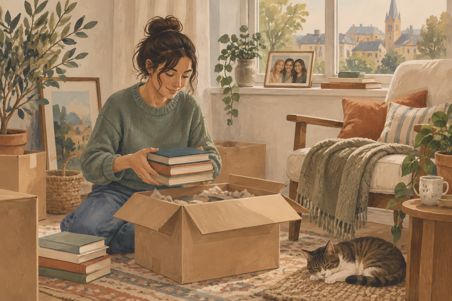 Books and a photograph of friends in a partly unpacked new home.