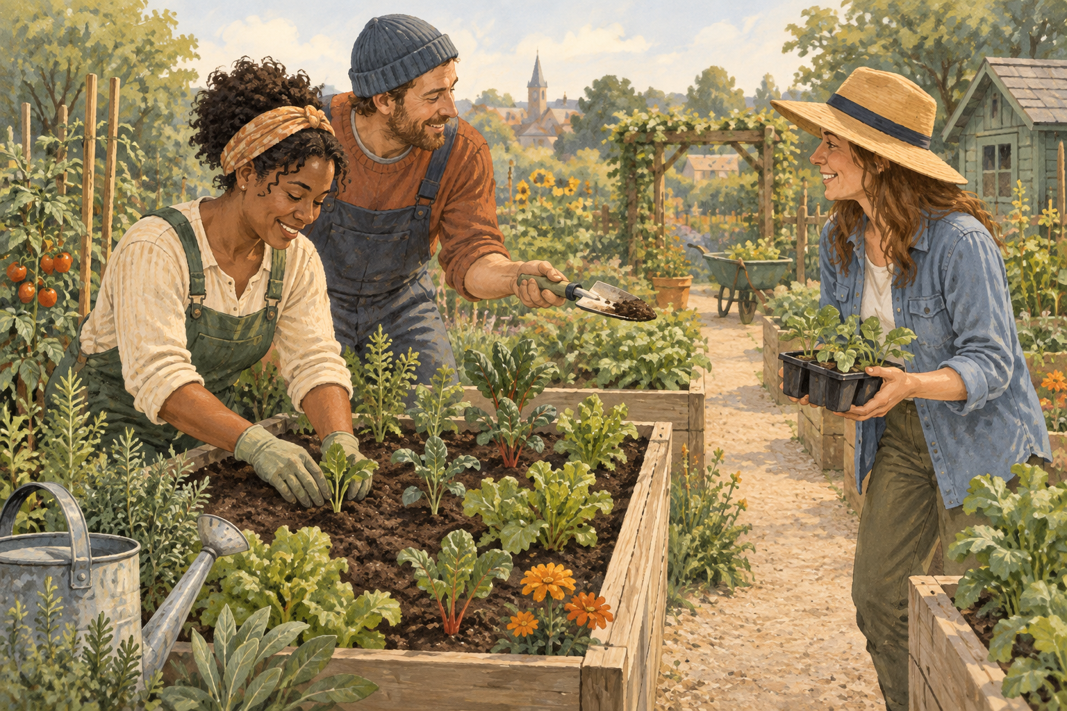 People sharing a planting task in a community garden.