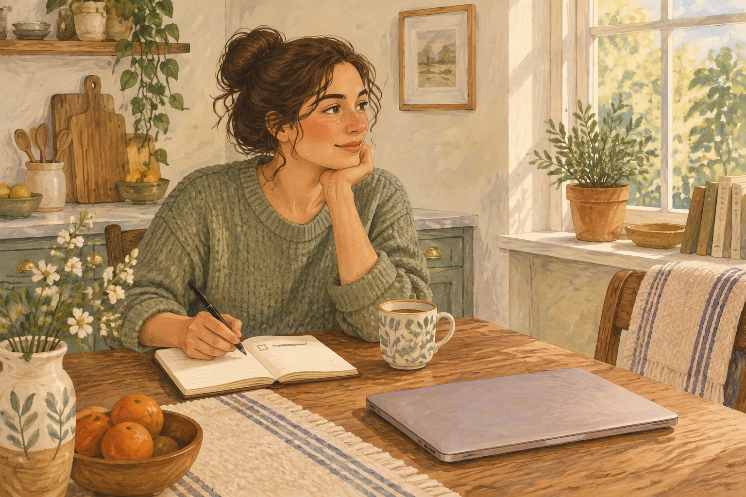An adult at a kitchen table with a laptop and one task written in a notebook.