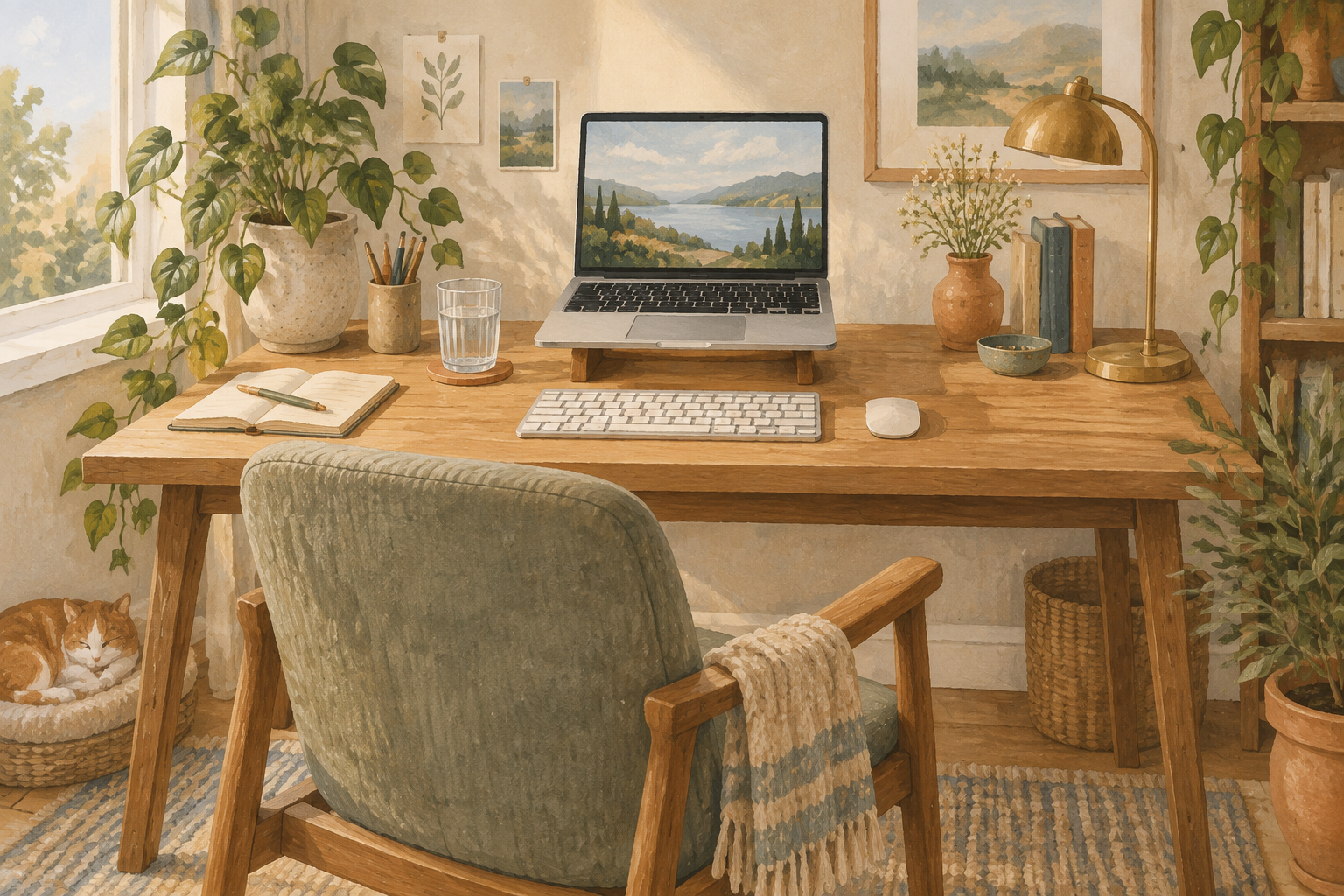 A desk arranged with a raised laptop screen and room to support the forearms.