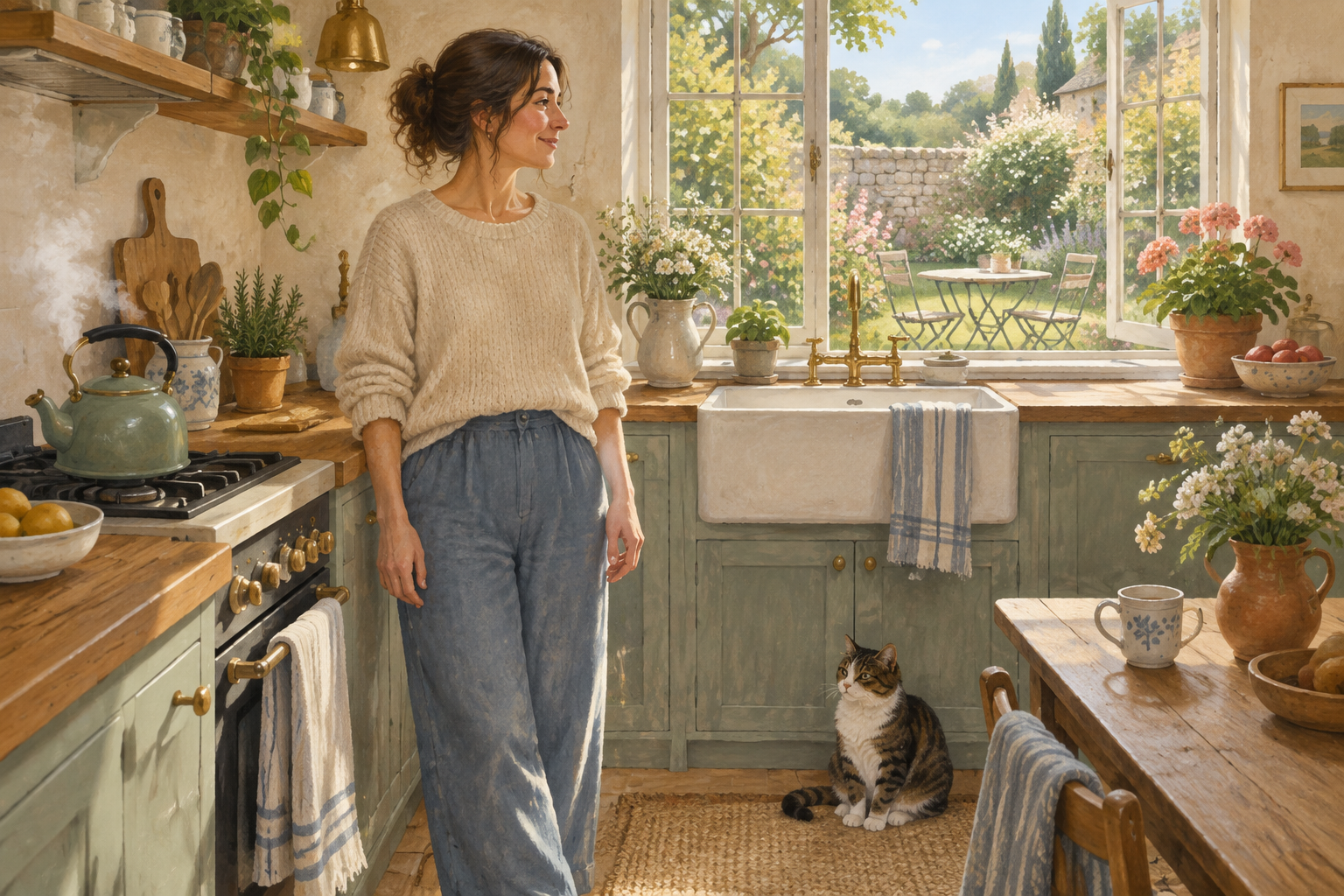 A person changing position during a short break by the kettle.
