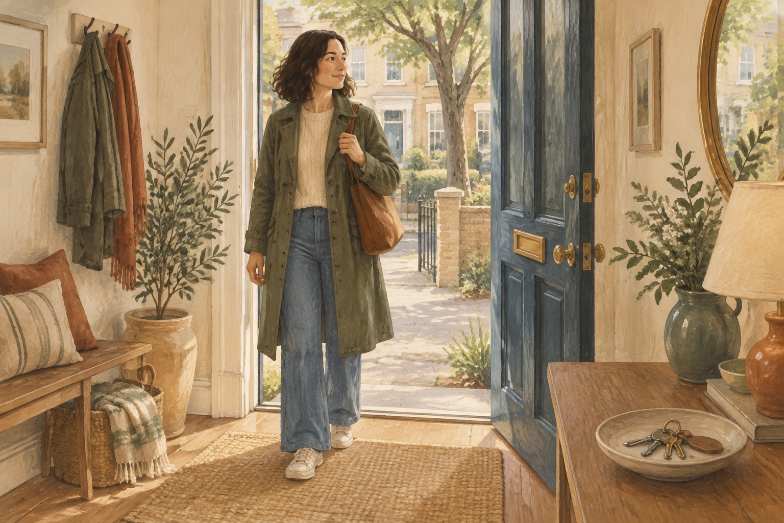 A person with a shoulder bag pausing at an open front door.