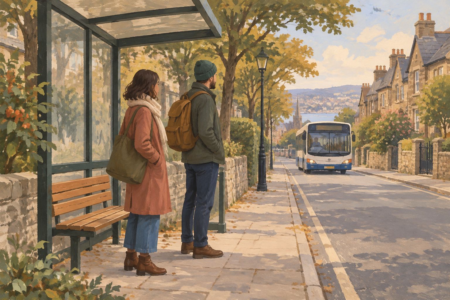 Two people waiting together at a bus stop.