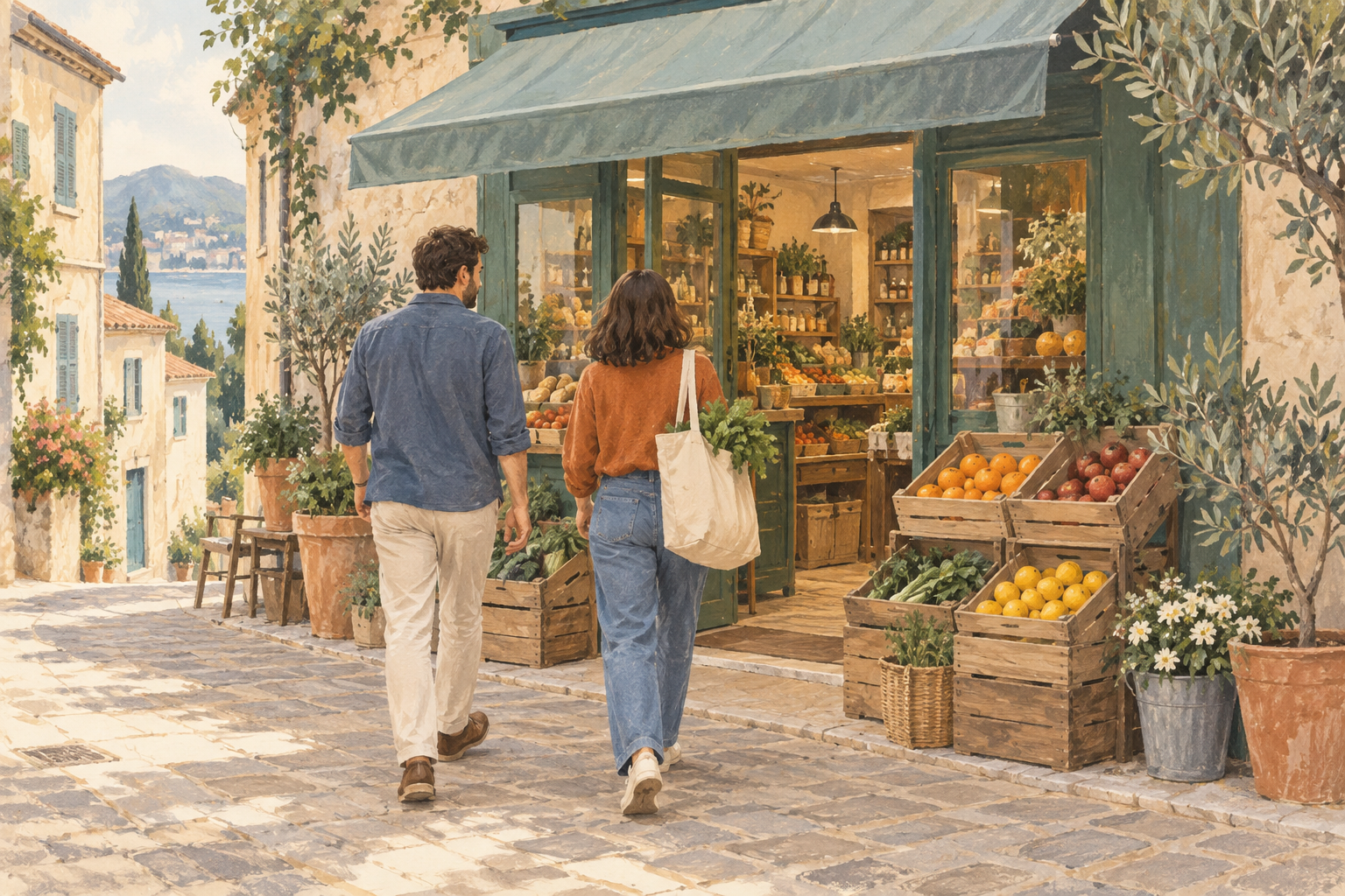 Two people approaching a neighbourhood shop together.