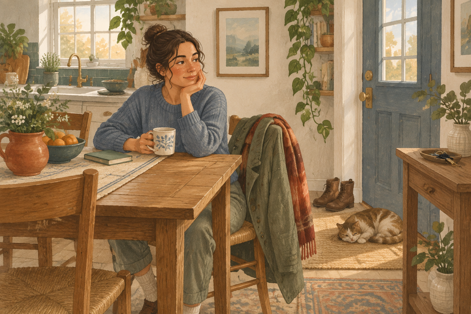 A person pausing at a kitchen table after coming home.