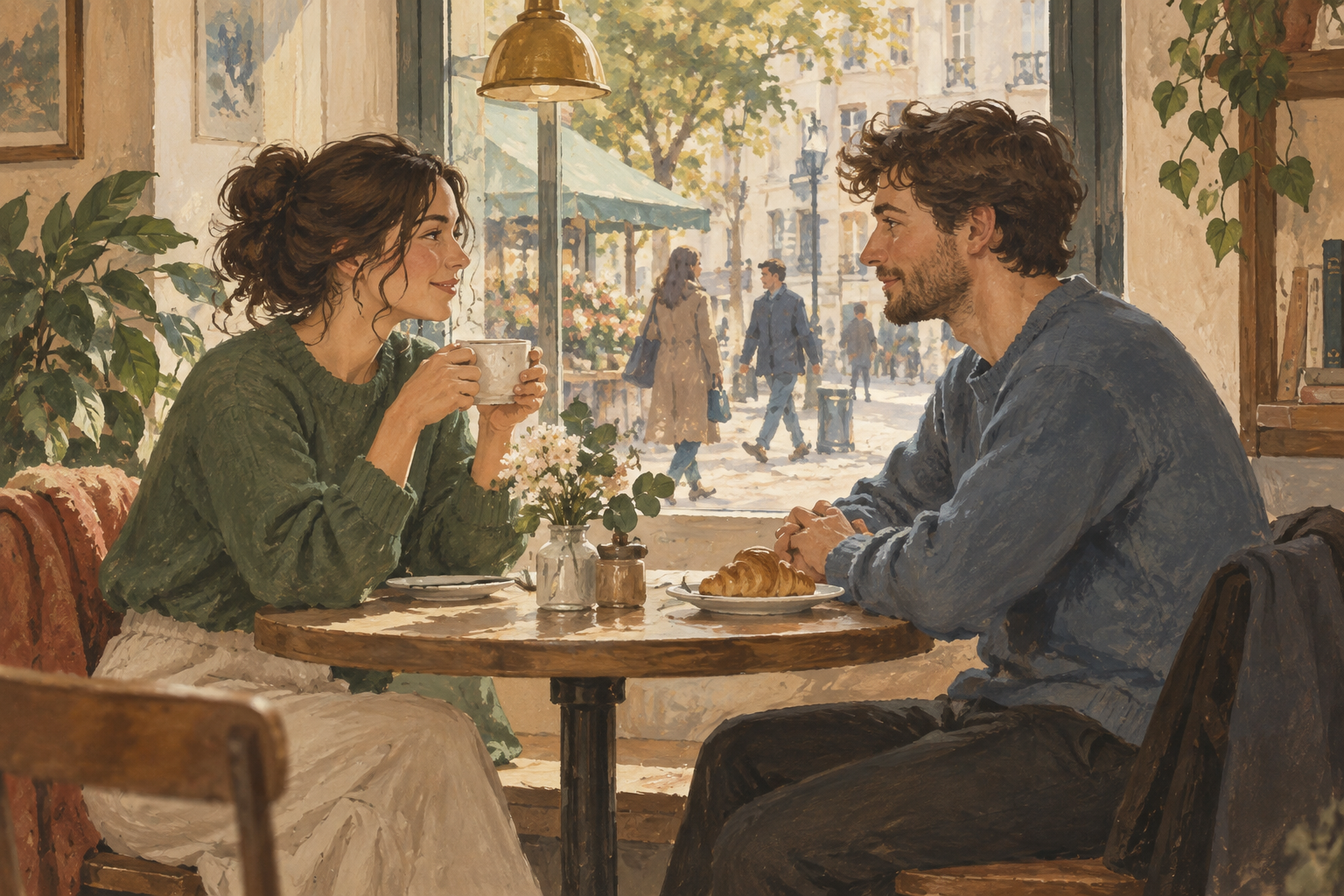 Two people having a conversation at a café table.