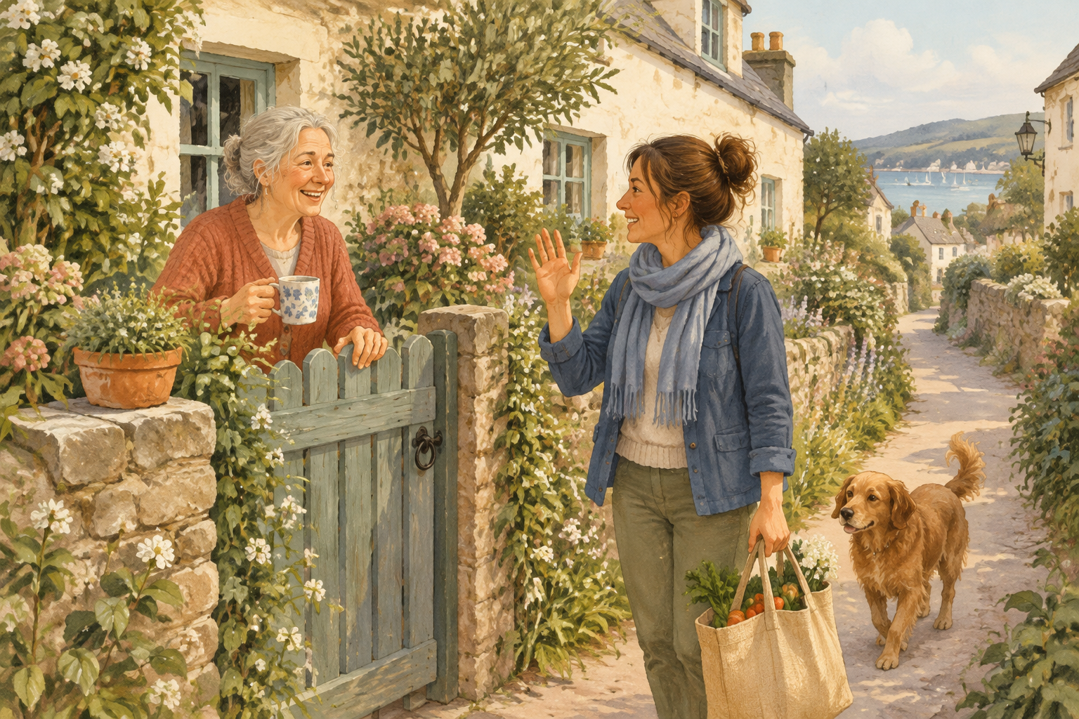 Neighbours sharing a brief greeting beside a garden gate.