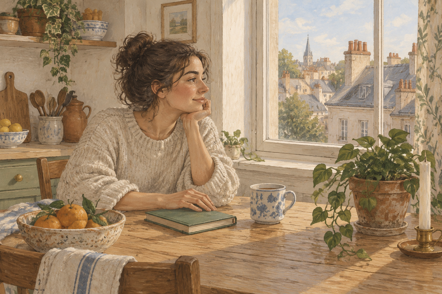 A person pausing at a kitchen table beside a window.