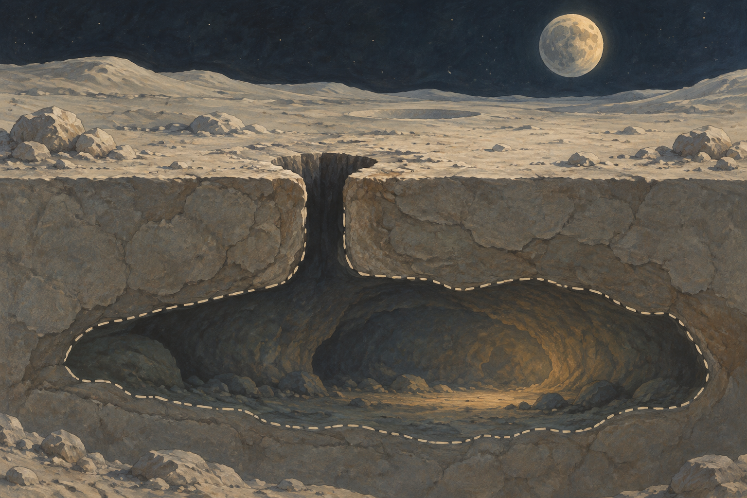 Conceptual cutaway of a lunar pit above a possible underground lava tube, with the unconfirmed cavity shown as a dashed outline.