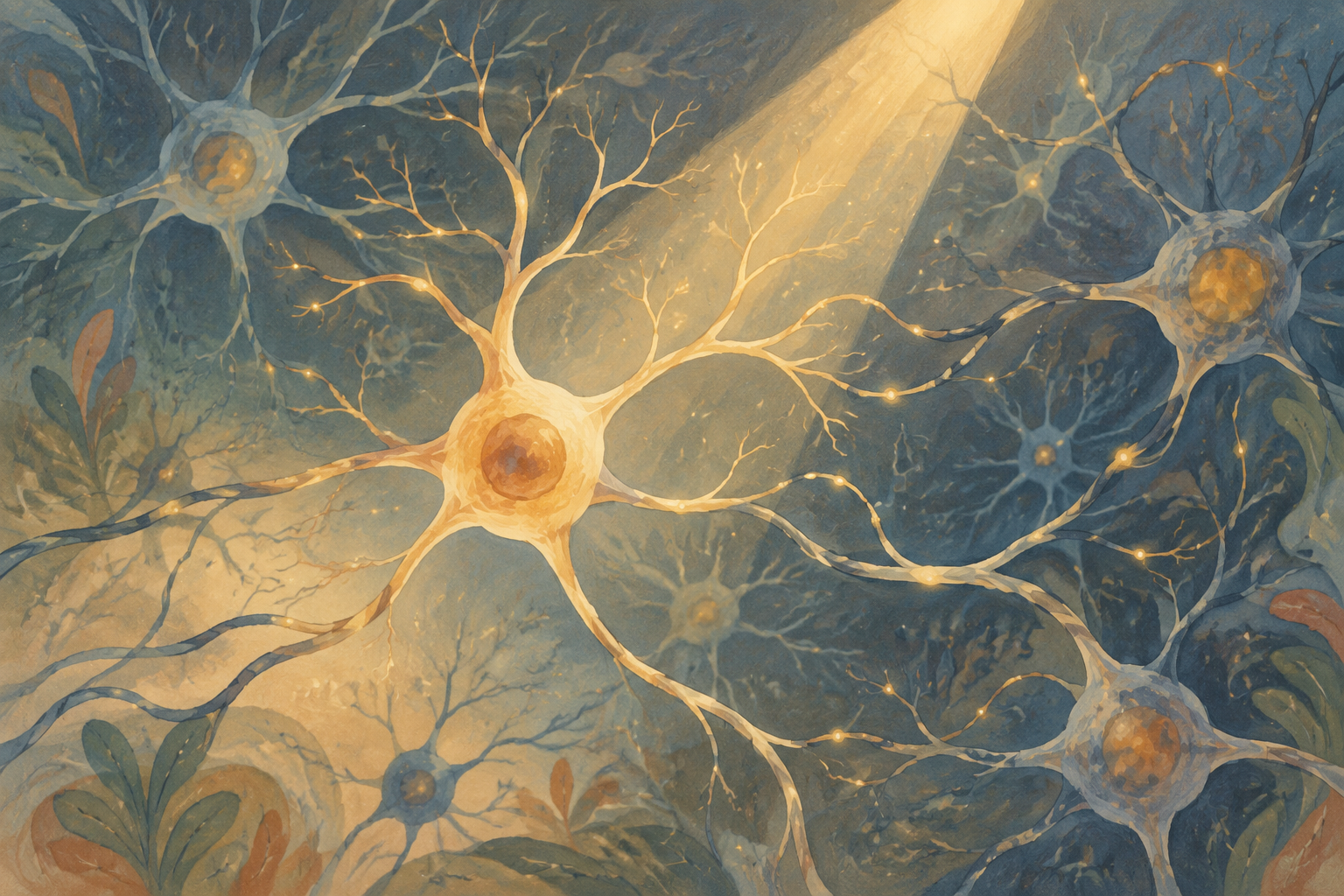 Conceptual illustration of light illuminating a network of neurons.